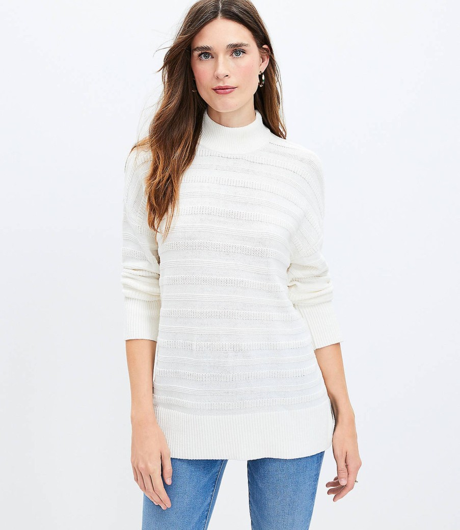 Clothing Loft | Textured Stripe Mock Neck Tunic Sweater Whisper White