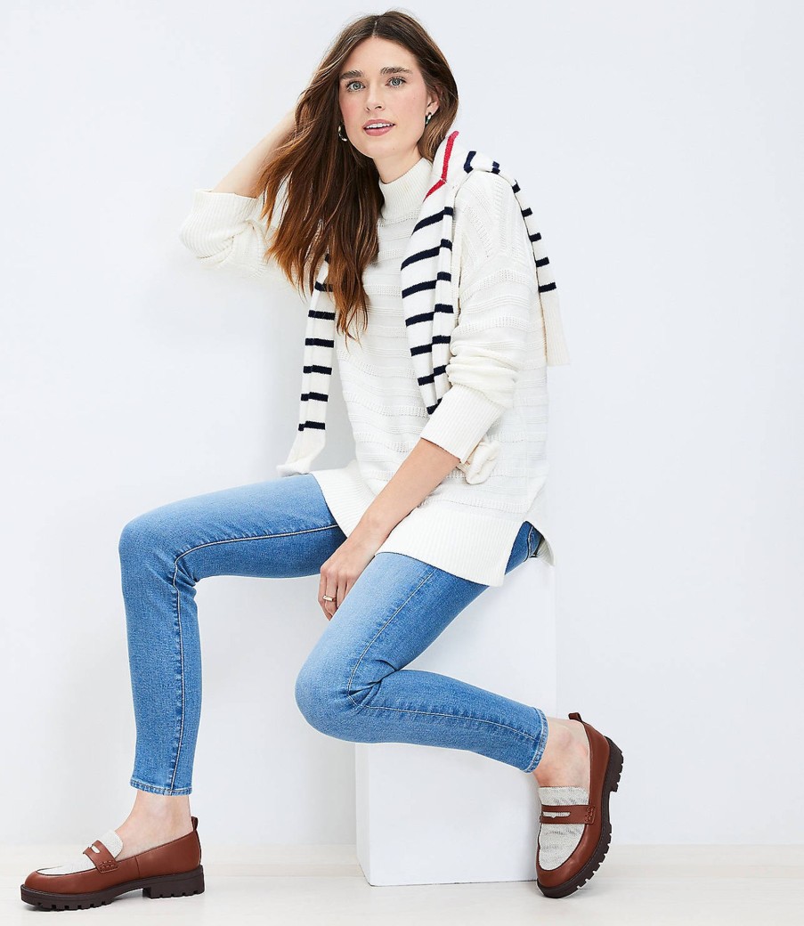 Clothing Loft | Textured Stripe Mock Neck Tunic Sweater Whisper White