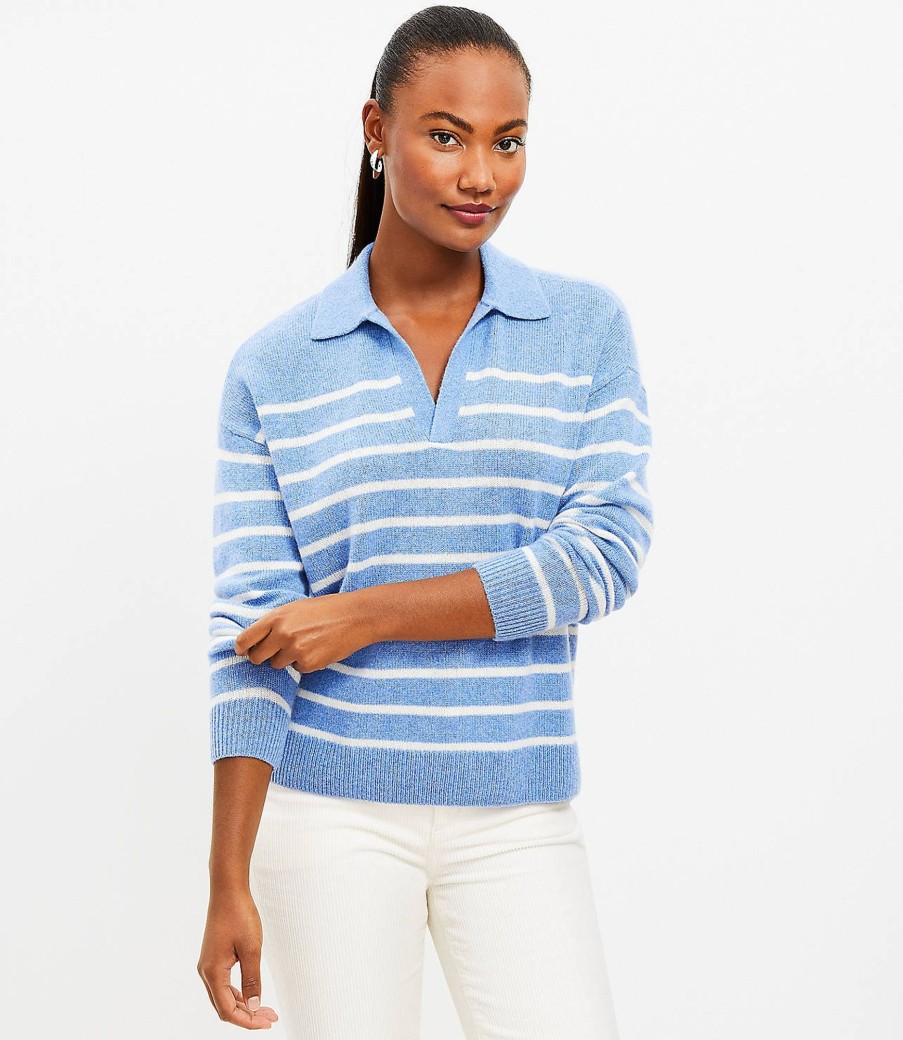 Clothing Loft | Striped Cashmere Collared Split Neck Sweater Soft Blue Heather