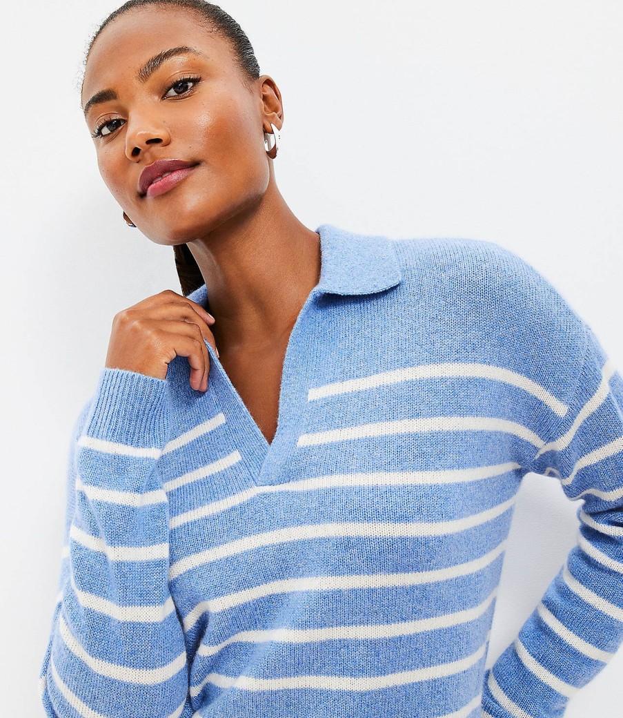 Clothing Loft | Striped Cashmere Collared Split Neck Sweater Soft Blue Heather