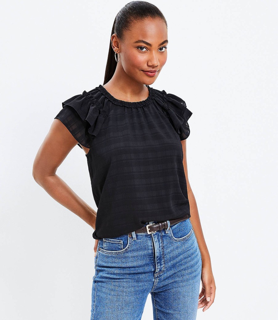 Clothing Loft | Textured Plaid Double Ruffle Top Black