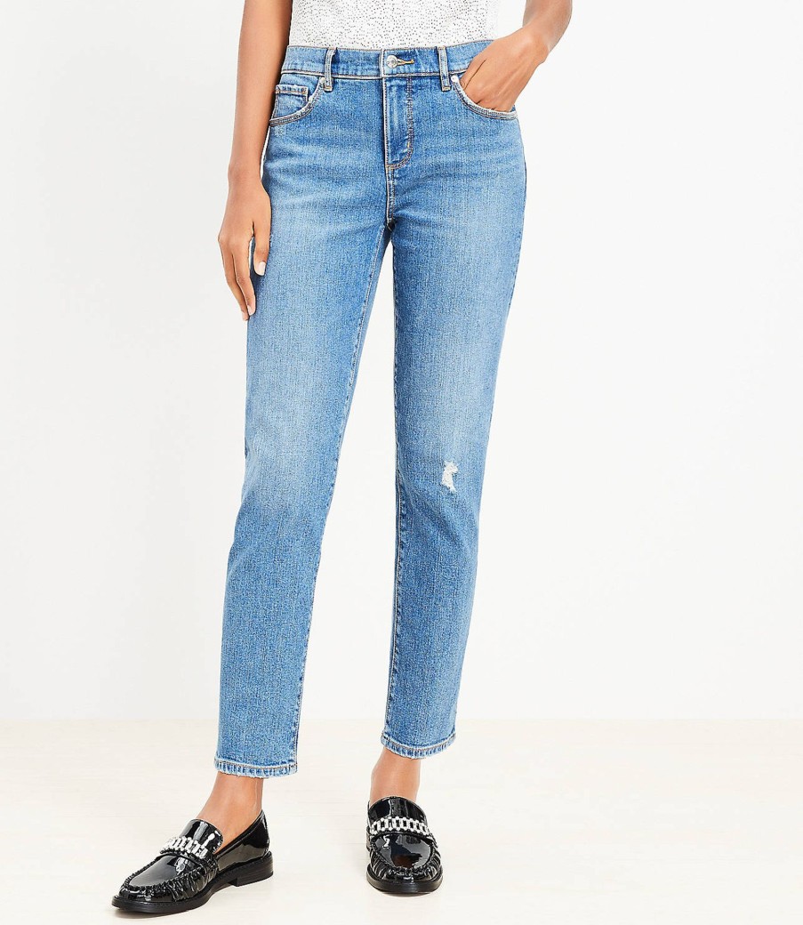 Clothing Loft | Destructed Super Soft Girlfriend Jeans In Mid Stone Wash Destructed Mid Stone Wash