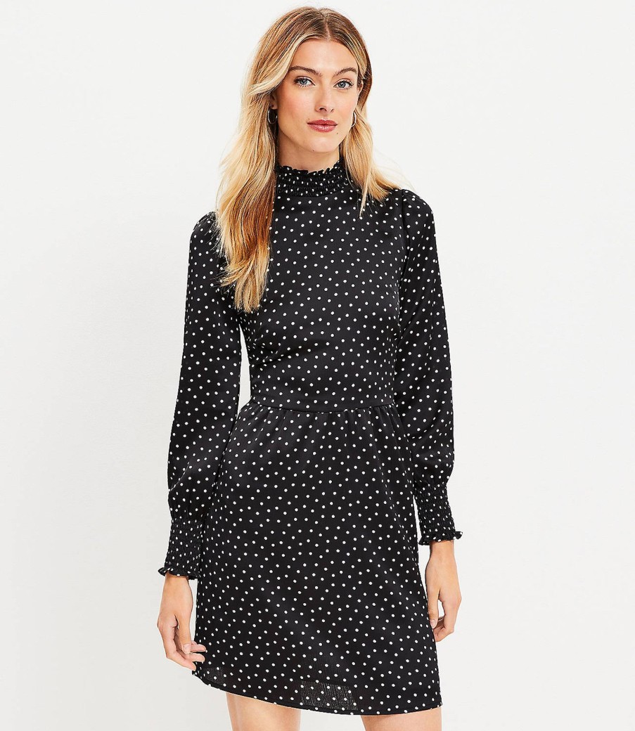 Clothing Loft | Dotted Smocked Flare Dress Black