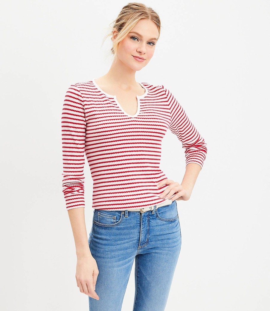 Clothing Loft | Striped Brushed Waffle Split Neck Tee Whisper White