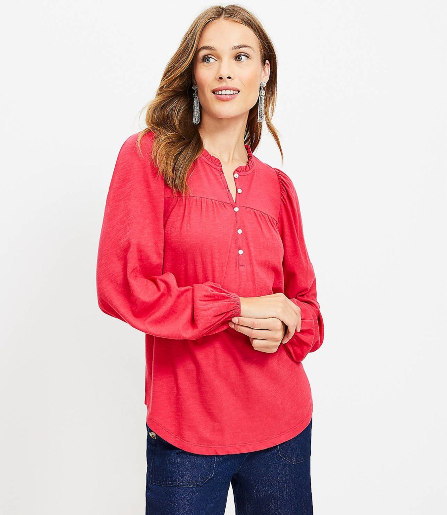 Clothing Loft | Ruffle Collar Shirred Blouse Barberry Red