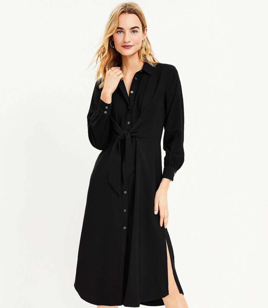 Clothing Loft | Knot Front Midi Shirtdress Black