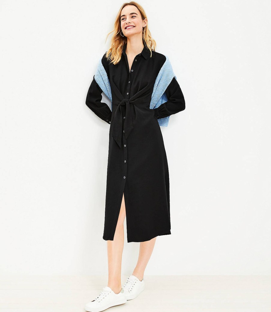 Clothing Loft | Knot Front Midi Shirtdress Black