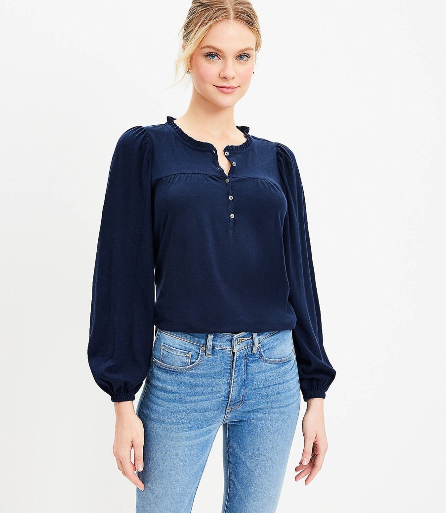 Clothing Loft | Ruffle Collar Shirred Blouse Deep Space Blue