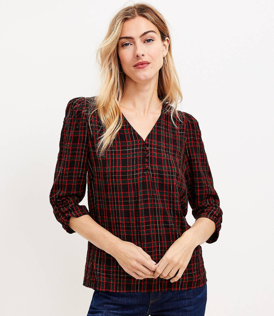 Clothing Loft | Shimmer Plaid Shirred V-Neck Blouse Black