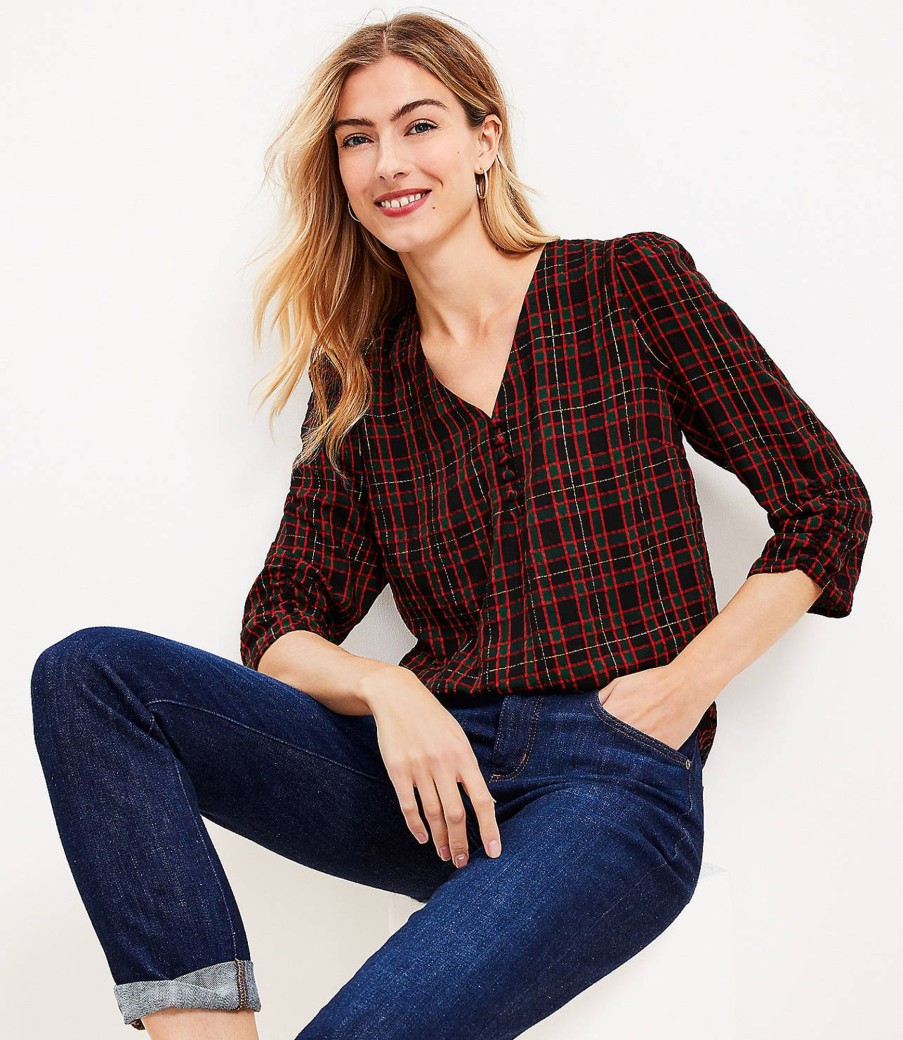 Clothing Loft | Shimmer Plaid Shirred V-Neck Blouse Black