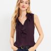 Clothing Loft | Ruffle Tie Neck Mixed Media Shell Deep Bordeaux