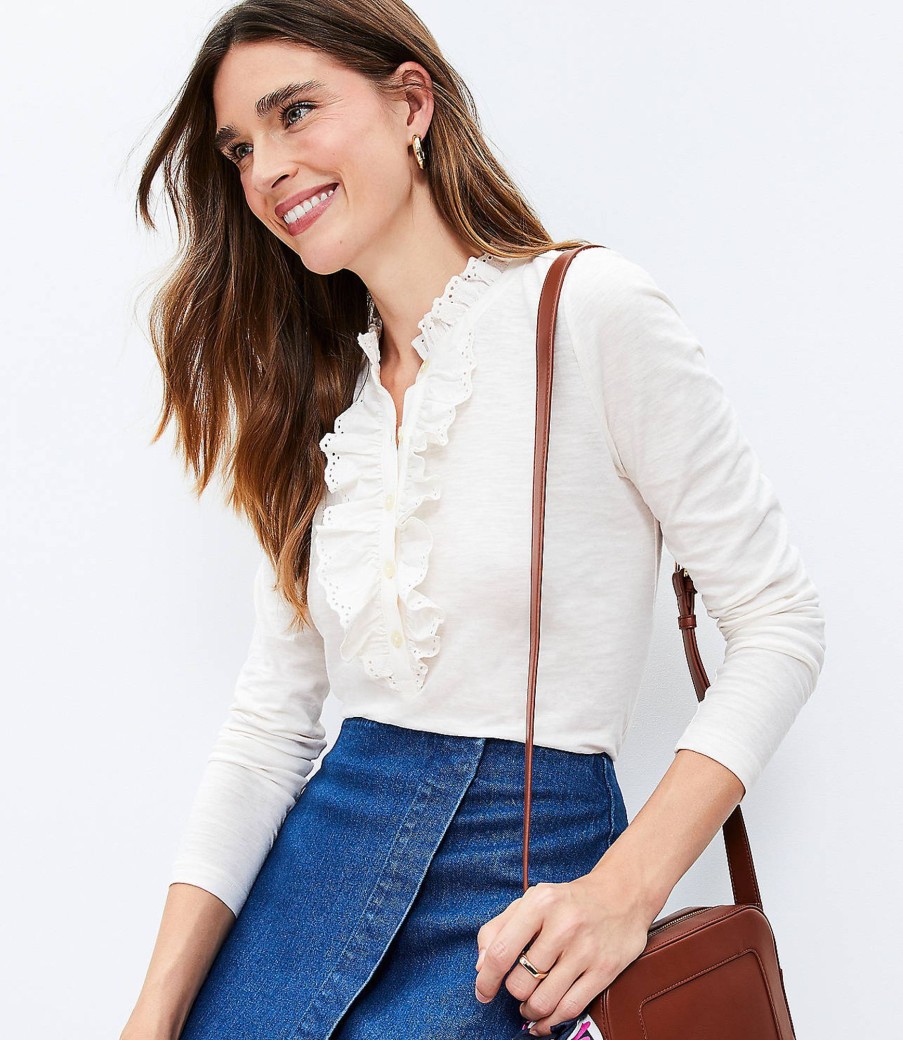 Clothing Loft | Eyelet Ruffle Henley Top Whisper White