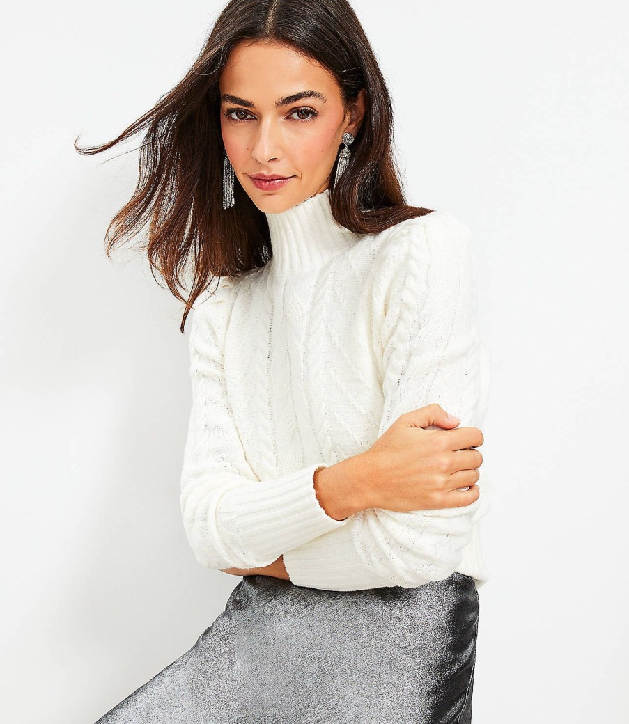 Clothing Loft | Puff Sleeve Turtleneck Cable Sweater Whisper White