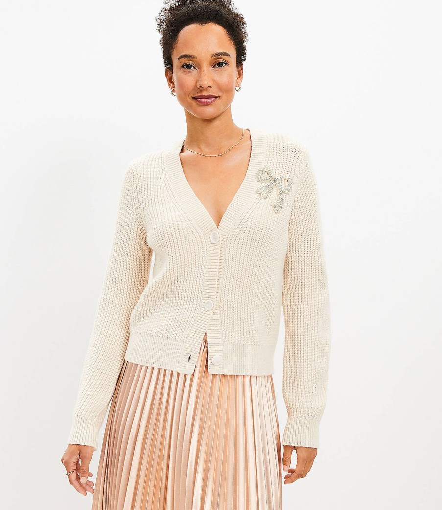 Clothing Loft | Sparkle Bow Ribbed V-Neck Cardigan Whitecap