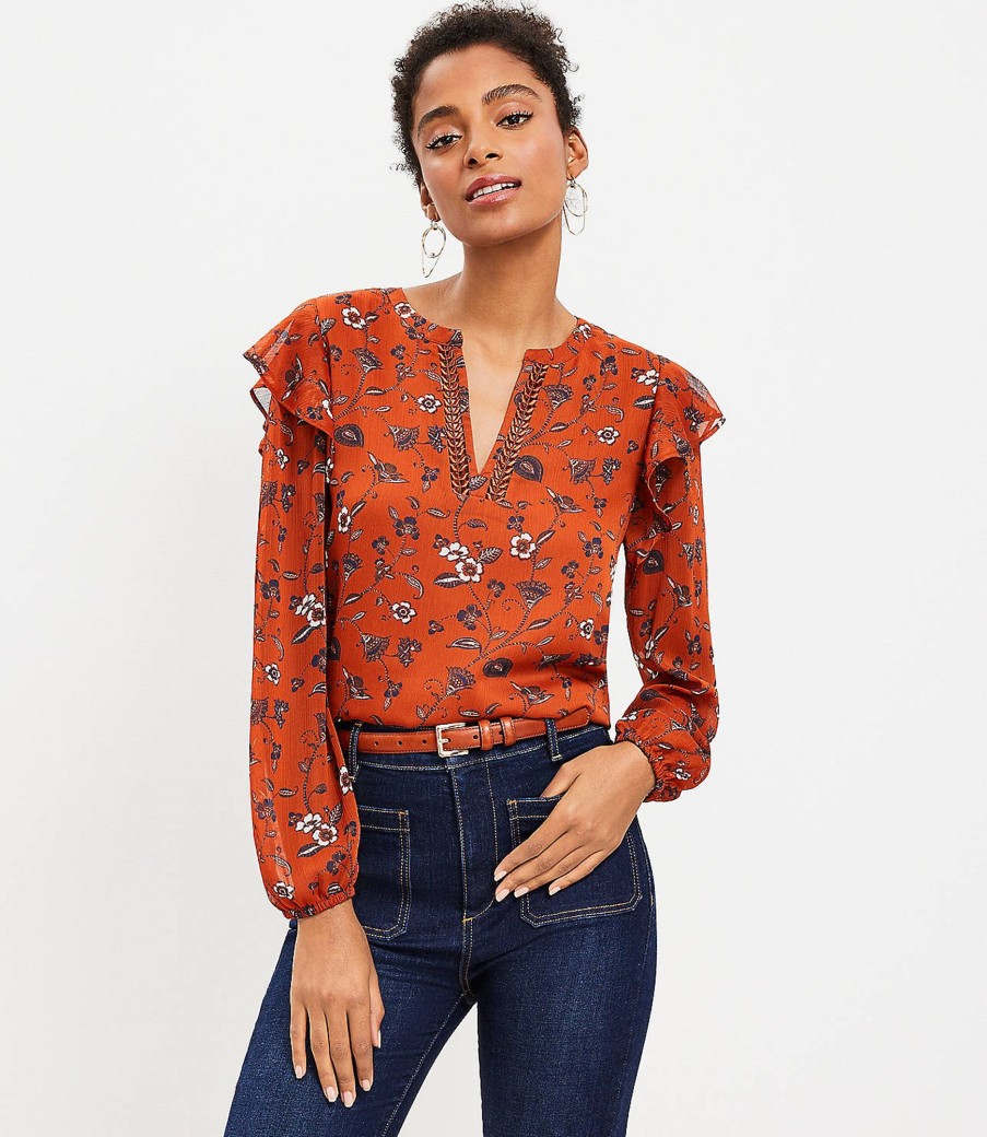 Clothing Loft | Floral Ruffle Split Neck Blouse Burnt Copper