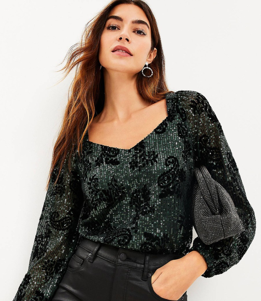 Clothing Loft | Sequin Flocked Sweetheart Neck Blouse Dark Green / Black