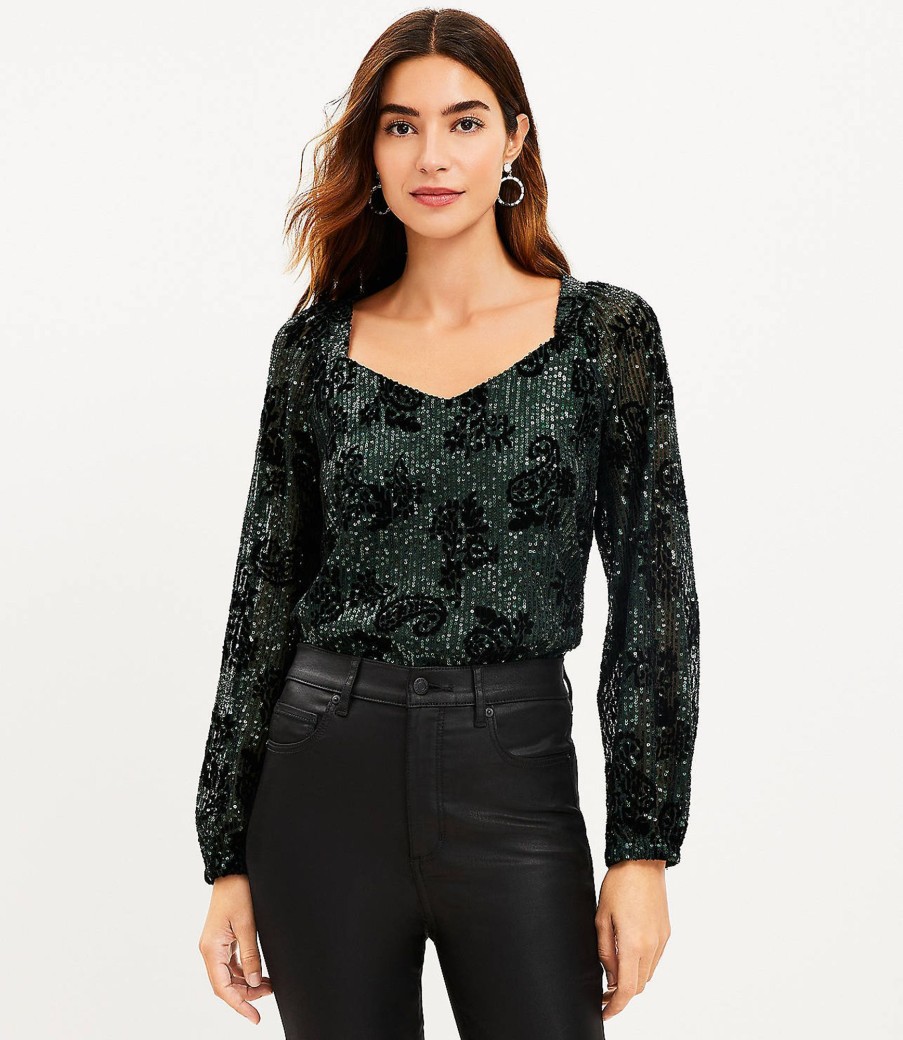 Clothing Loft | Sequin Flocked Sweetheart Neck Blouse Dark Green / Black