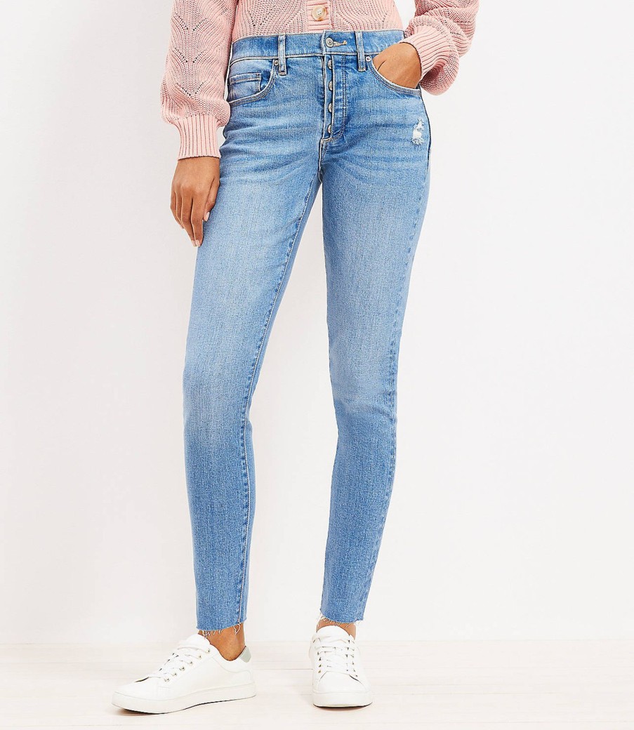 Clothing Loft | Button Front High Rise Skinny Jeans In Destructed Mid Wash