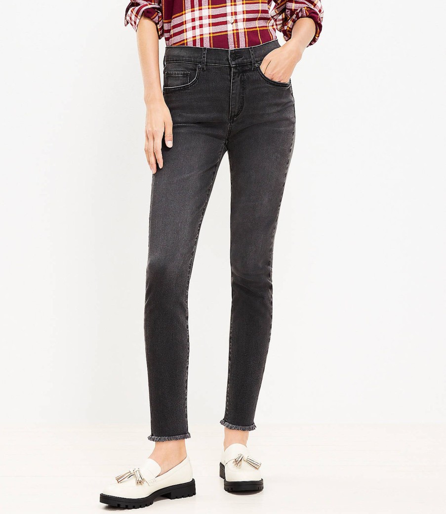 Clothing Loft | Frayed Mid Rise Skinny Jeans In Washed Black Wash