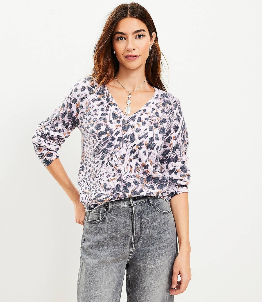 Clothing Loft | Animal Print V-Neck Sweater Quartz Pink