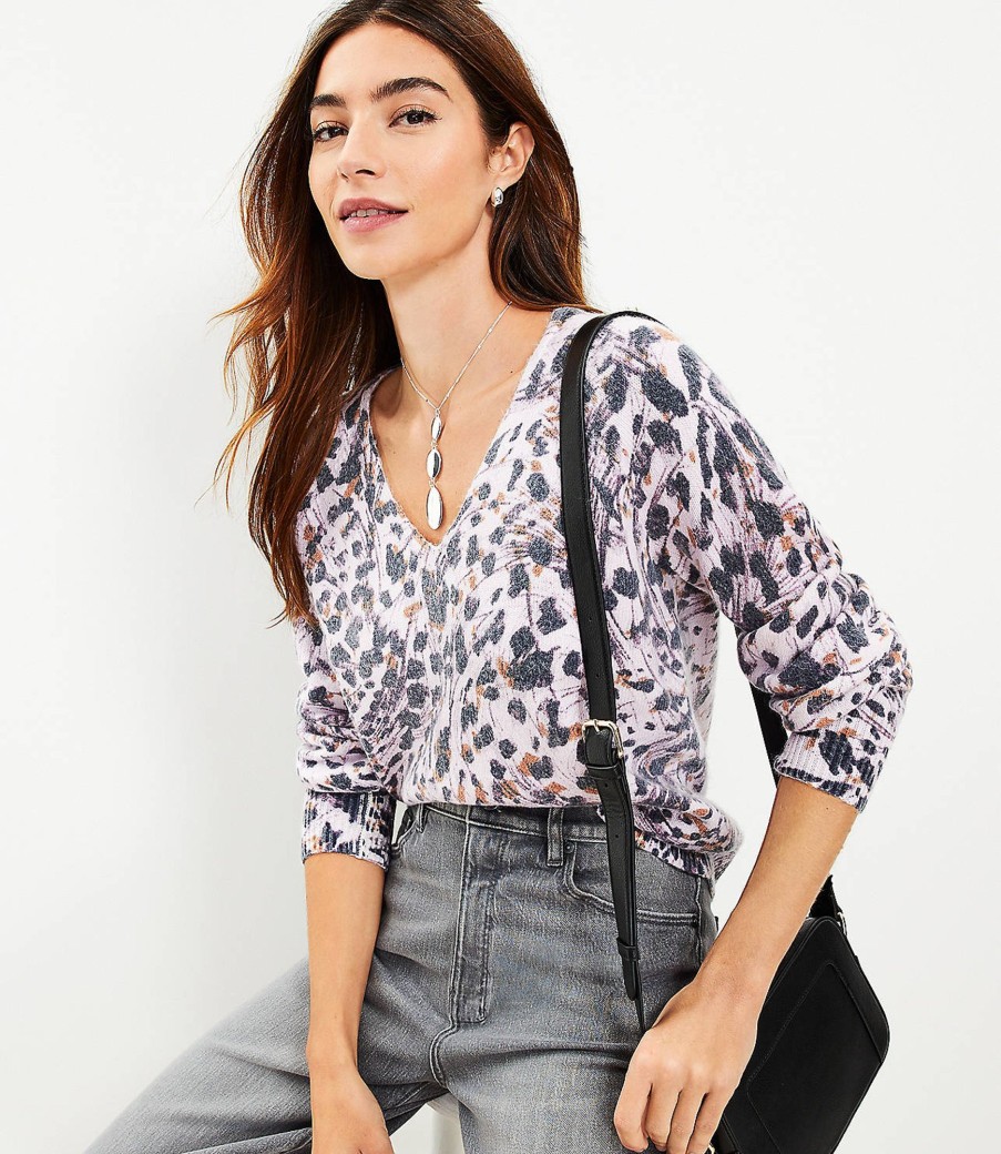 Clothing Loft | Animal Print V-Neck Sweater Quartz Pink