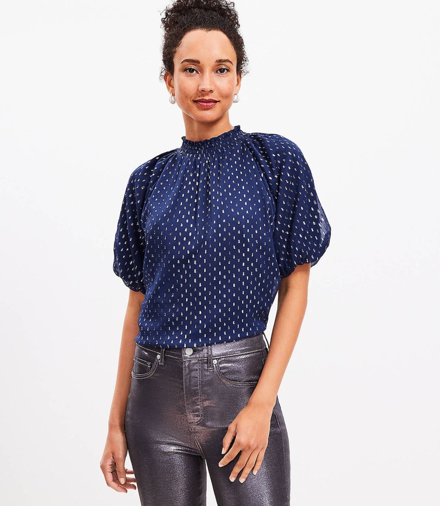 Clothing Loft | Metallic Clip Bubble Sleeve Blouse Deep Space Blue