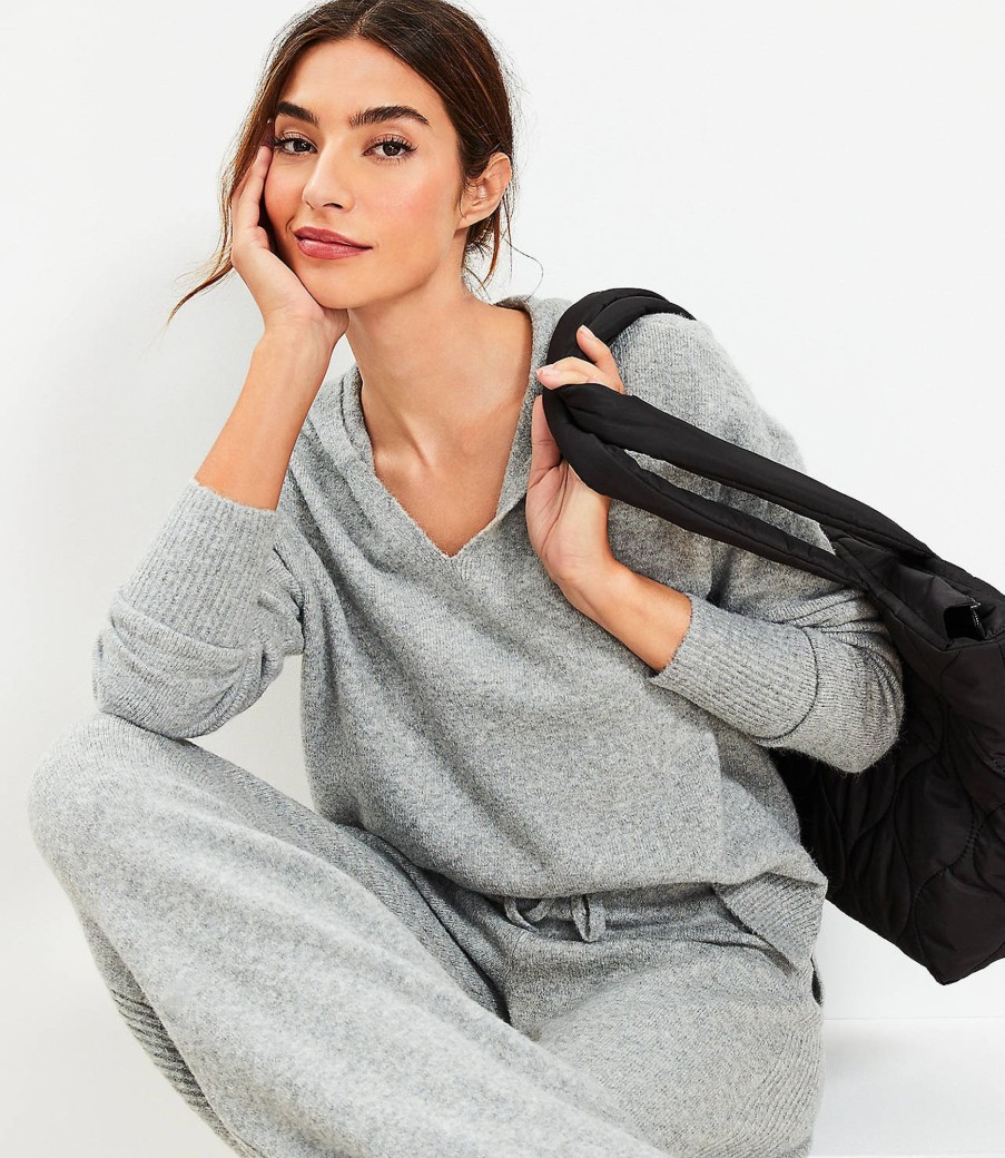 Clothing Loft | Lou & Grey Split Neck Hoodie Sweater Pebble Grey Heather