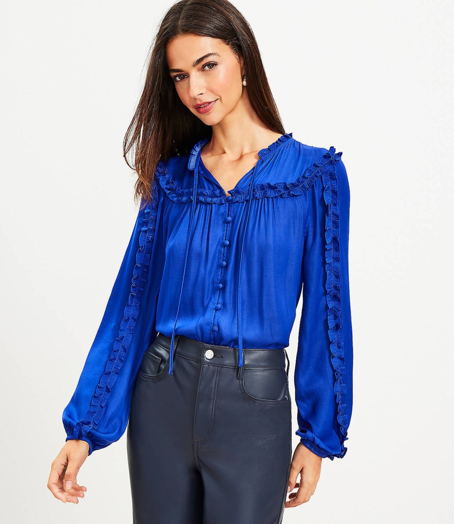 Clothing Loft | Ruffle Tie Neck Button Blouse Cineraria Blue