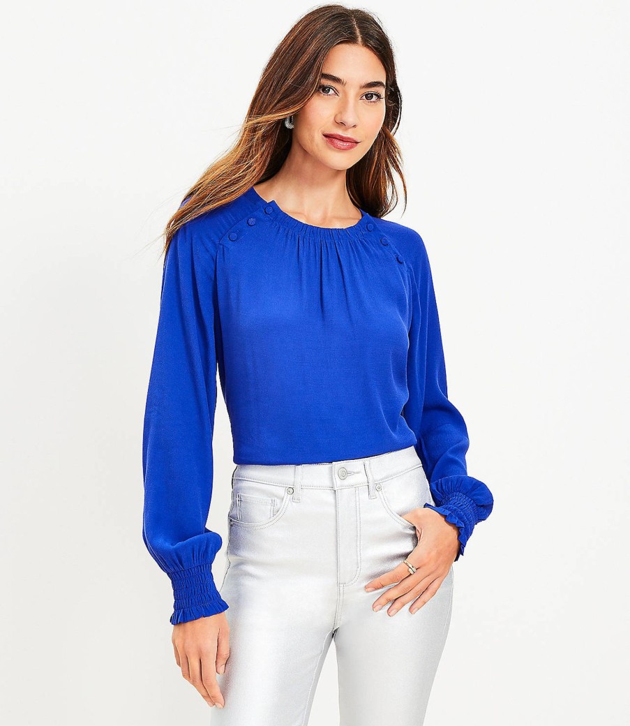 Clothing Loft | Button Trim Raglan Blouse Cineraria Blue