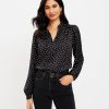 Clothing Loft | Dotted Ruffle Tie Neck Mixed Media Blouse Black