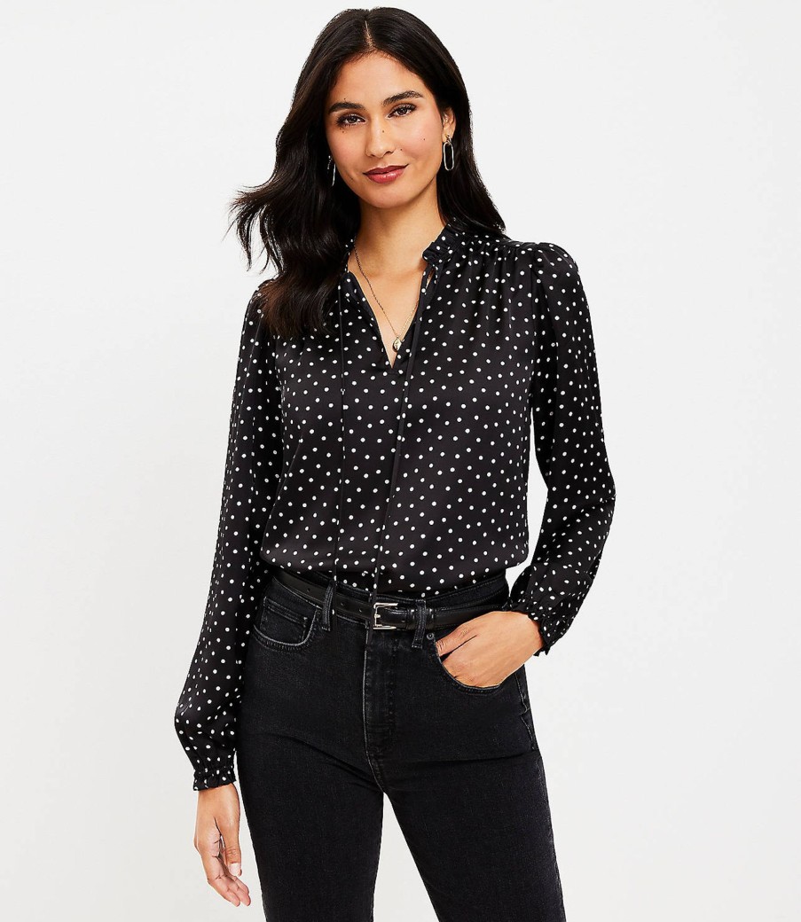 Clothing Loft | Dotted Ruffle Tie Neck Mixed Media Blouse Black