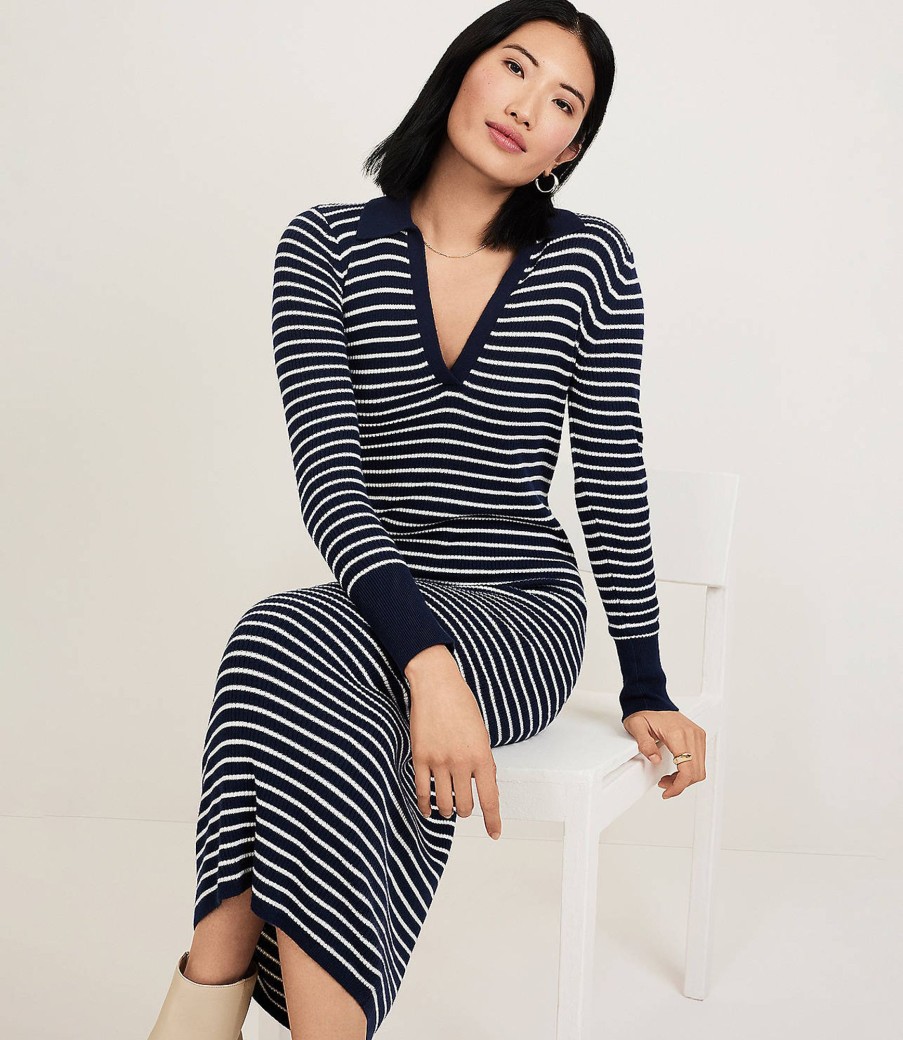 Clothing Loft | Stripe Ribbed Collared Midi Dress Deep Space Blue