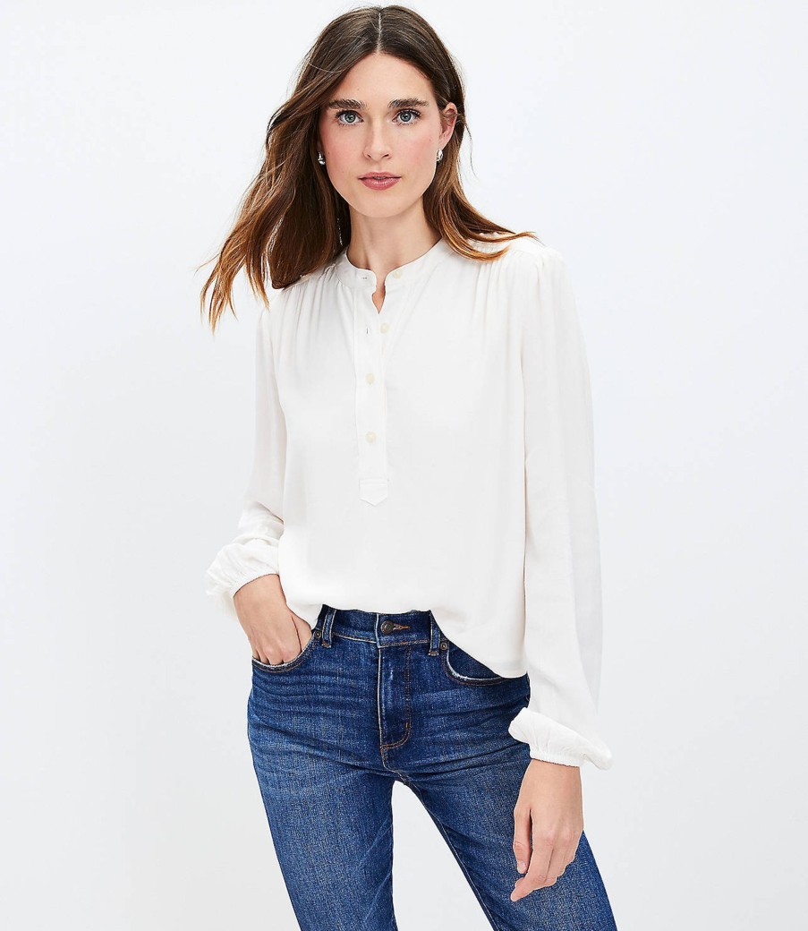 Clothing Loft | Stand Collar Henley Blouse Whisper White