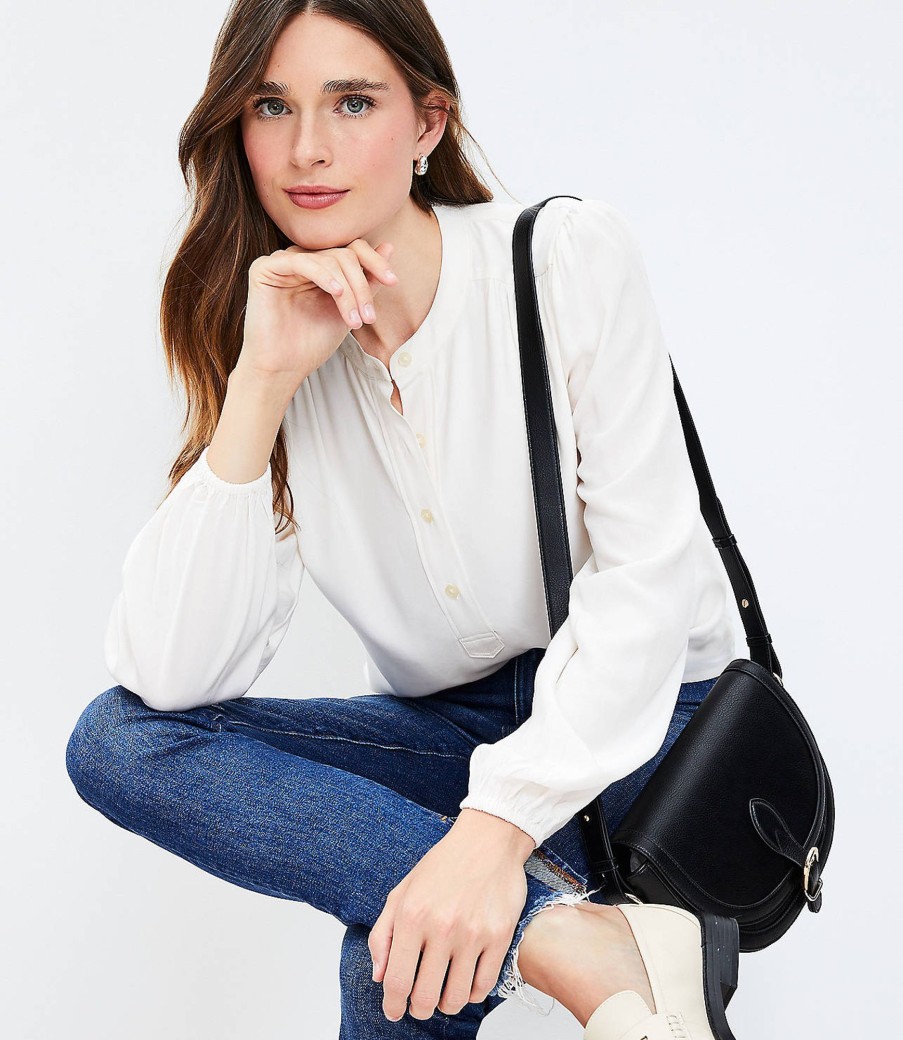 Clothing Loft | Stand Collar Henley Blouse Whisper White