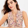 Clothing Loft | Floral Pintucked Ruffle Tie Neck Mixed Media Shell Peach Beige