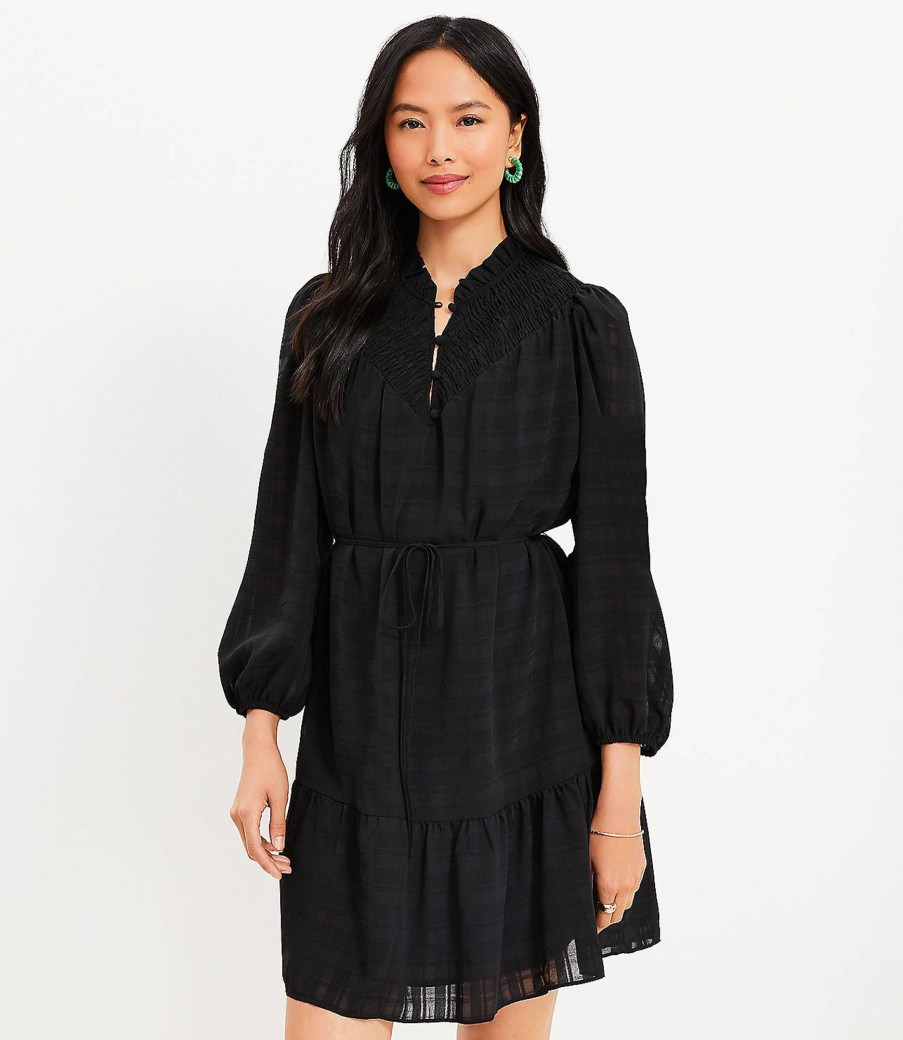 Clothing Loft | Textured Smocked Ruffle Neck Swing Dress Black