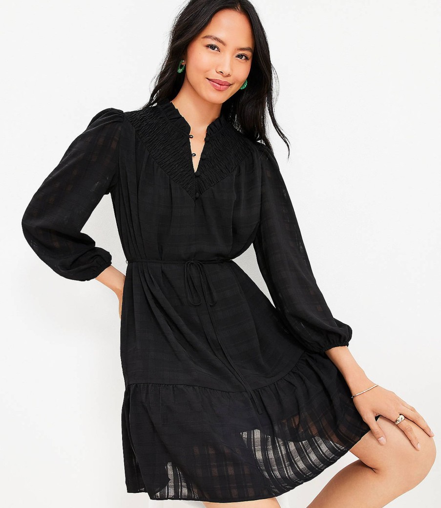 Clothing Loft | Textured Smocked Ruffle Neck Swing Dress Black