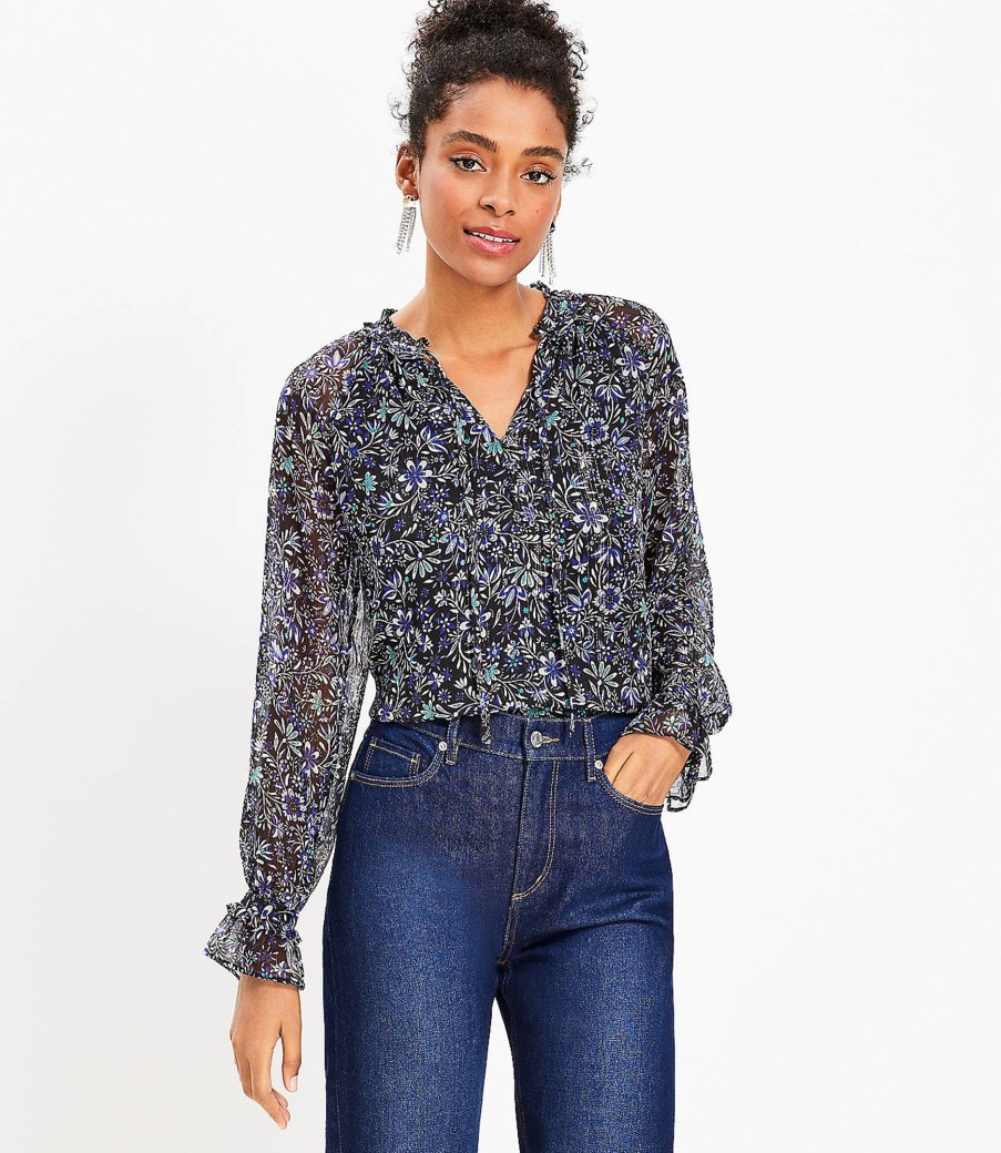 Clothing Loft | Shimmer Floral Ruffle Tie Neck Blouse Black