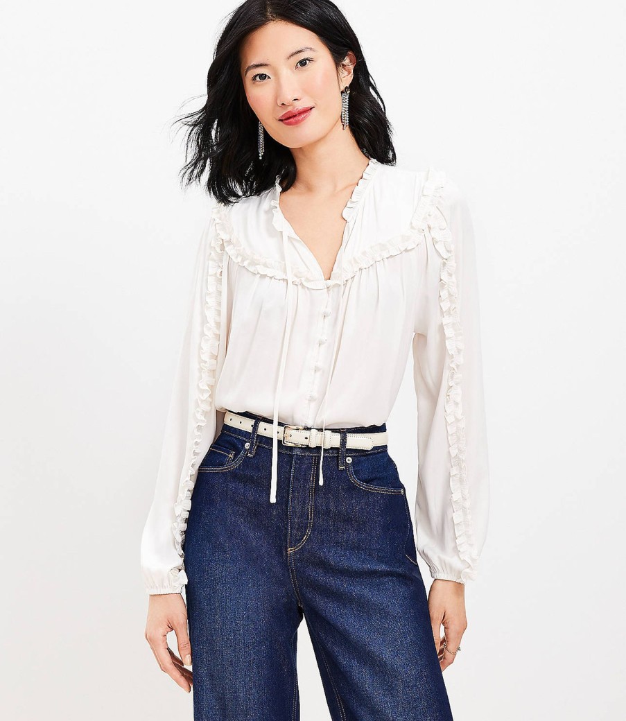 Clothing Loft | Ruffle Tie Neck Button Blouse Whisper White